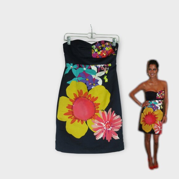 Trina Turk Navy Silk Blend Strapless Dress Size 6 ASO Kelly Monaco Multicolor - Picture 1 of 12